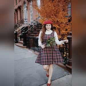 1980's ModCloth Red & Navy Tartan Plaid Sheath Dress, Sleeveless, Lined, Pockets